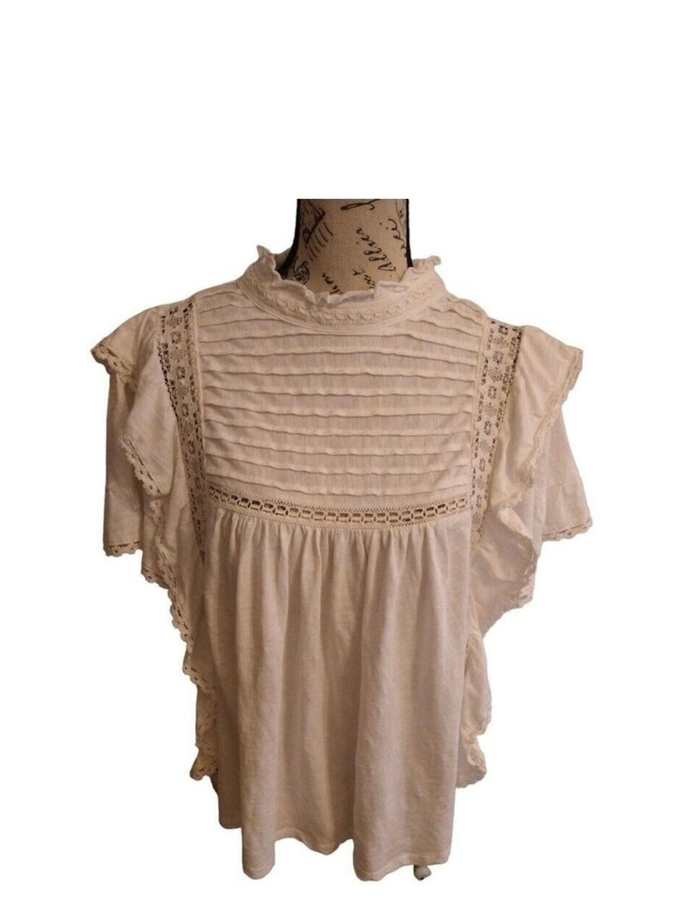 Free People Cream Lace Pintuck Flutter Sleeve Blouse